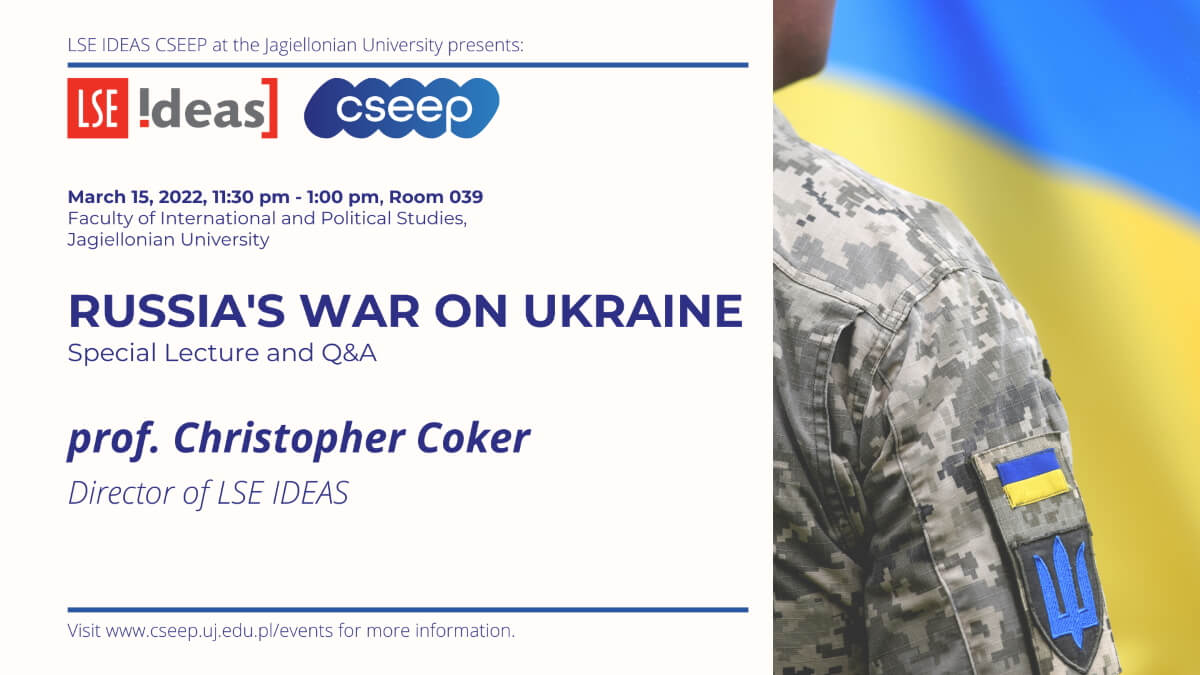 plakat wykładu po lewej stronie tytuł i logo LSE IDEAS oraz cseep, po prawej zdjęcie ramienia ukraińskiego żołnierza na tle ukraińskiej flagi