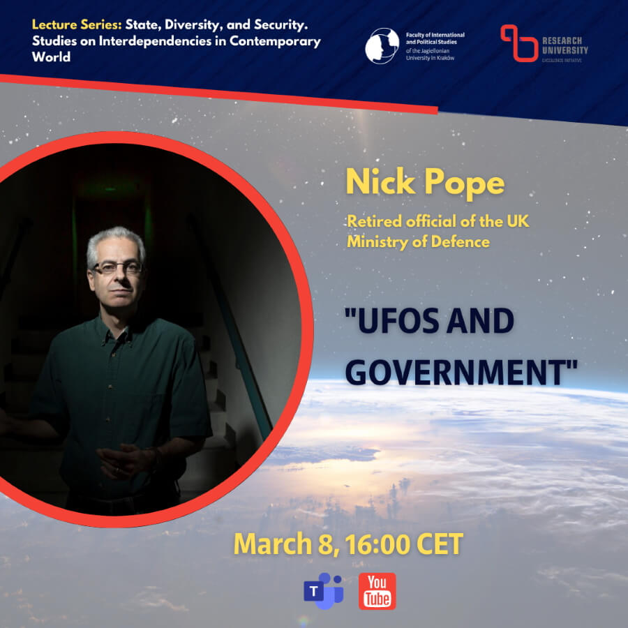 lecture poster: on the left a photo of Nick Pope, on the right title and date of the lecture, in the background the earth seen from space