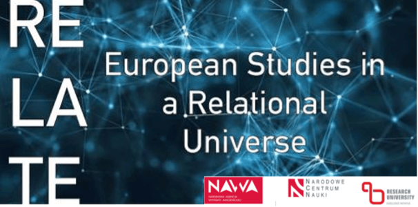 poster with background of network, title RELATE European Studies in a Relational Universe, underneath logo of NAWA, narodowe centrum nauki and research university