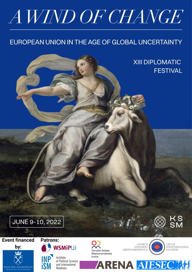 blue poster of the conference, on the top, the title, underneath, a painting of a woman on a bull, at the bottom, the date of the event and the KSSM logo