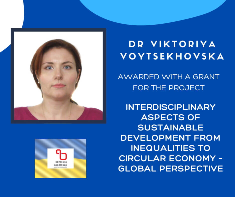 a blue poster presenting professor Voytsekhovska with information that she was awarded with a grant for a project