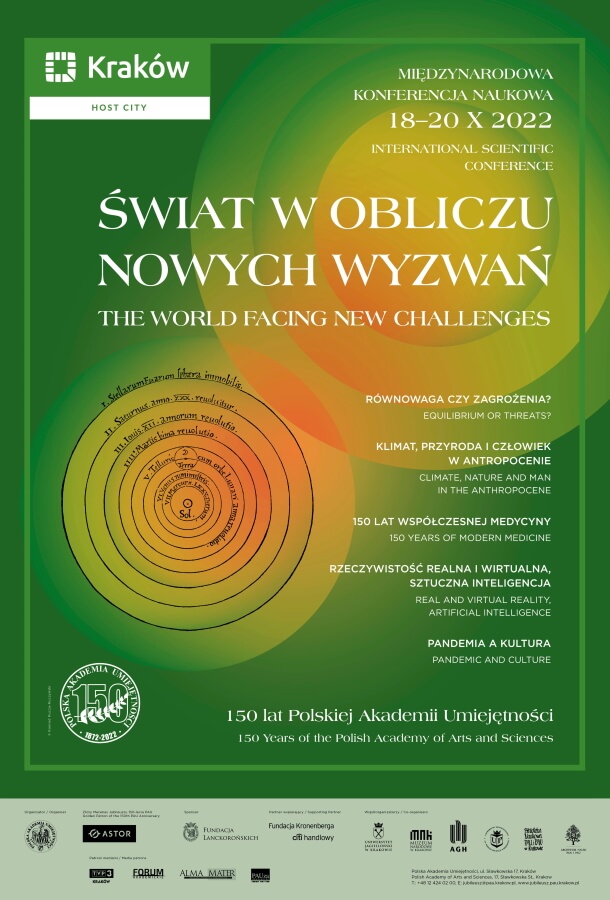 Plakat ze szczegółami organizacyjnymi konferencji, na zielonym tle dwa żółte koncentryczne okręgi
