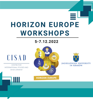 plakat horizon europe workshop z logo CISAD i uniwersytetu jagiellońskiego