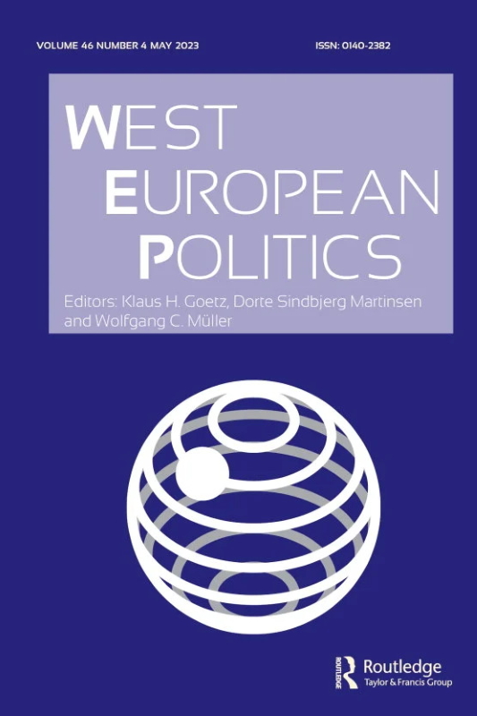 okładka west european politics na granatowym tle biała kula