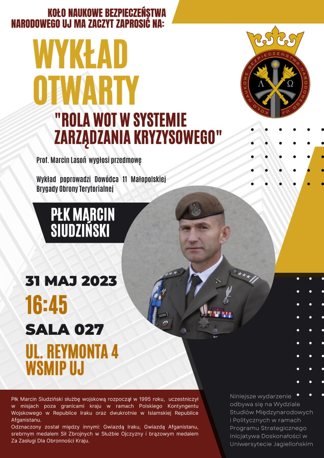 Plakat ze szczegółami wykładu i zdjęciem płk. Marcina Siudzińskiego