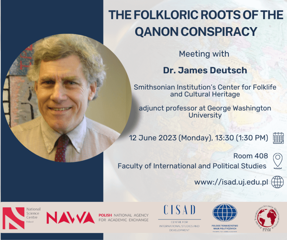 Poster promoting The Folkloric Roots of QAnon Conspiracy lecture with a photo of Dr. James Deutsch