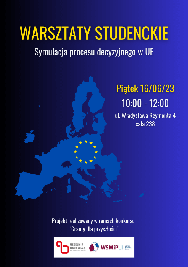 Warsztaty studenckie plakat ze szczegółami organizacyjnymi na tle granatowej mapy unii europejskiej